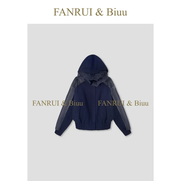 FANRUI/泛芮「贝贝biuu」羊毛拼皮蕾丝连帽百搭高级感外套女B18430