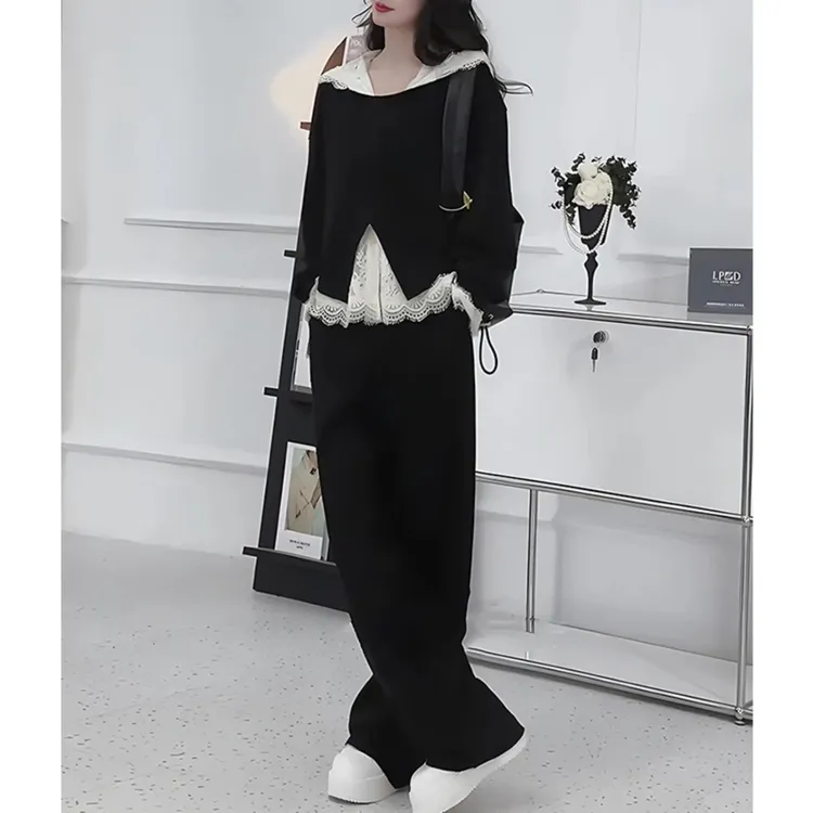 胖mm特大码300斤法式蕾丝时髦三件套女春秋款宽松遮肉慵懒风套装2