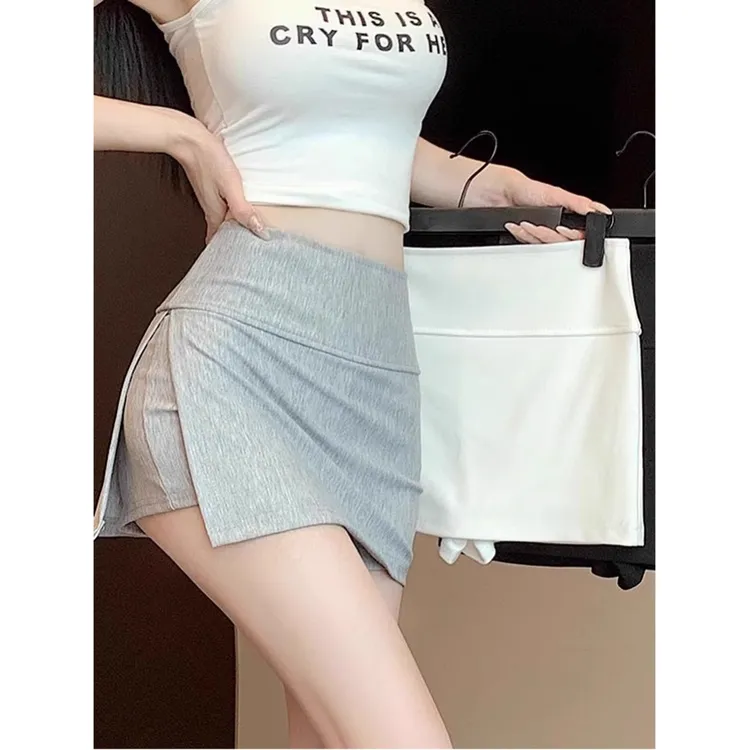 美式灰色短裤裙女夏季2025新款高腰开叉A字半身裙性感运动包臀裙