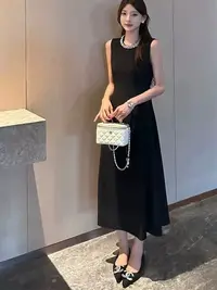 【钰姐精选】非806-重工领珠显瘦无袖长裙连衣裙小黑裙时尚长裙