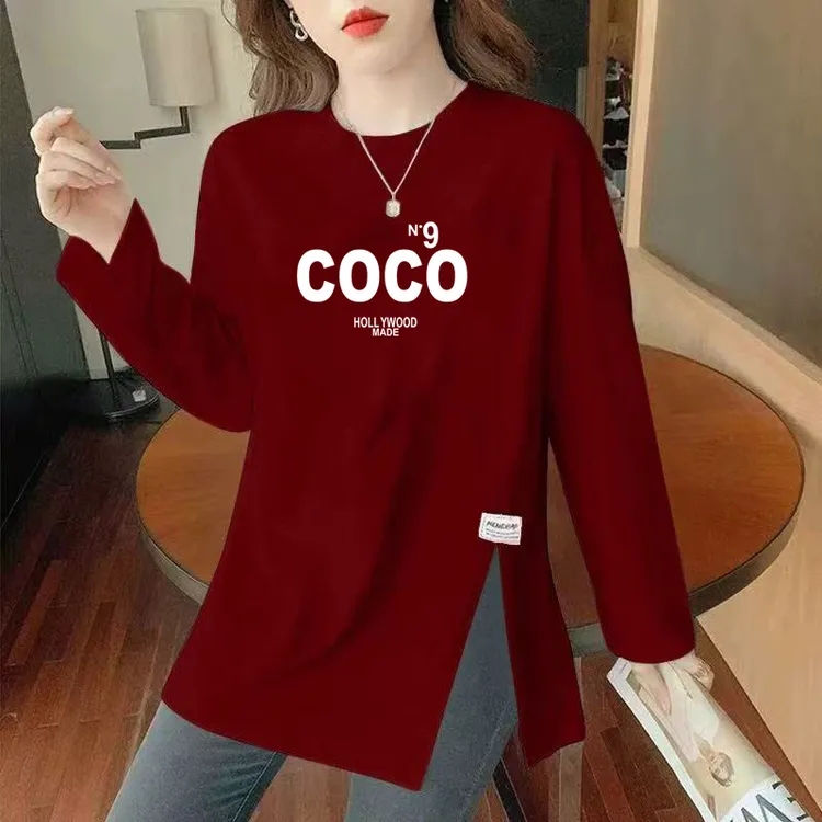 100%纯棉长袖T恤女春秋季新款大码单边开衩宽松时尚减龄打底上衣
