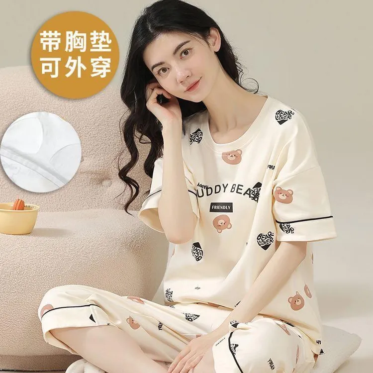 带胸垫睡衣女夏季棉短袖七分裤胸垫甜美卡通休闲新款家居服套装