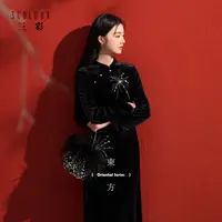 三彩【朱颜辞镜】2025冬季新款非遗珠绣丝绒连衣裙修身立领长裙C