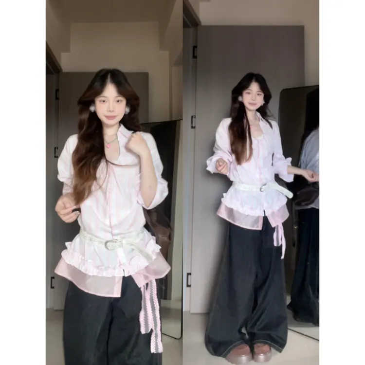 早秋穿搭女一整套2025新款小众洋气条纹设计感衬衫阔腿裤装