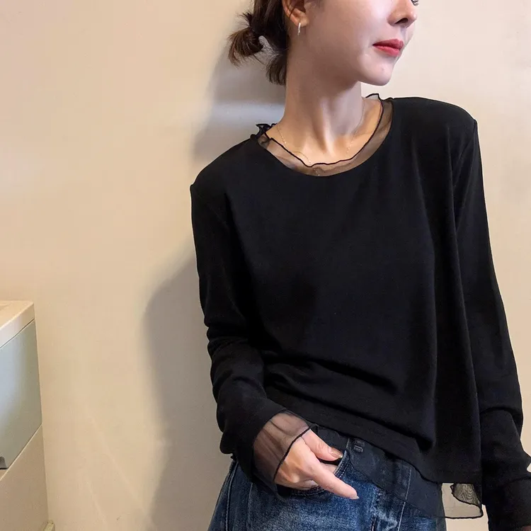 假两件拼接网纱长袖T恤女2025秋季新款女装宽松遮肉打底衫女内搭