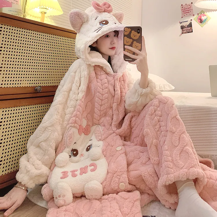 【粉丝专属】睡衣女秋冬季加长款绒睡袍加绒加厚连帽套装家居服冬款