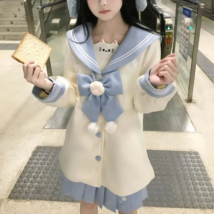 小花猪jk加厚大衣日系秋冬小猫物语厚款学院风百褶裙外套毛呢外套