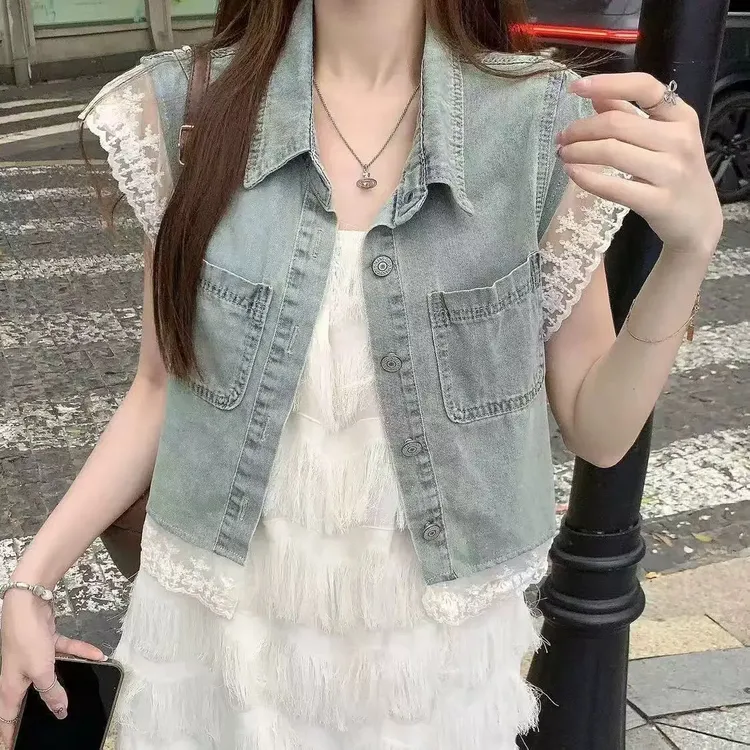 简约蕾丝边拼接休闲牛仔短袖衬衣女气质飞袖背心显瘦衬衣女8-51#