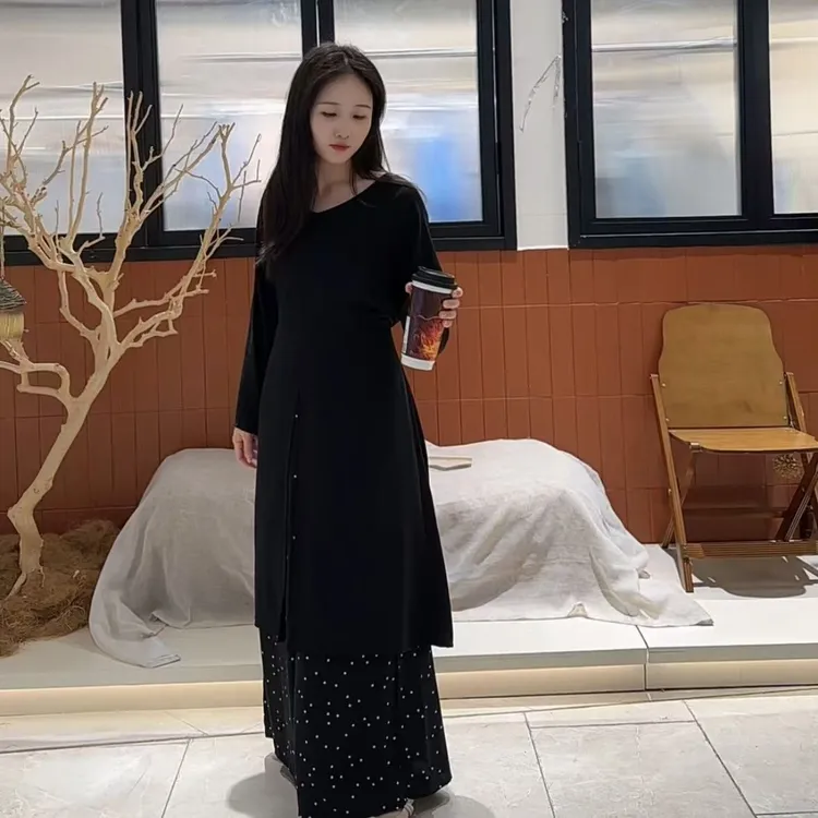 2025新款通勤古风上装前开叉连衣裙长袖度假风大码宽松气质长裙