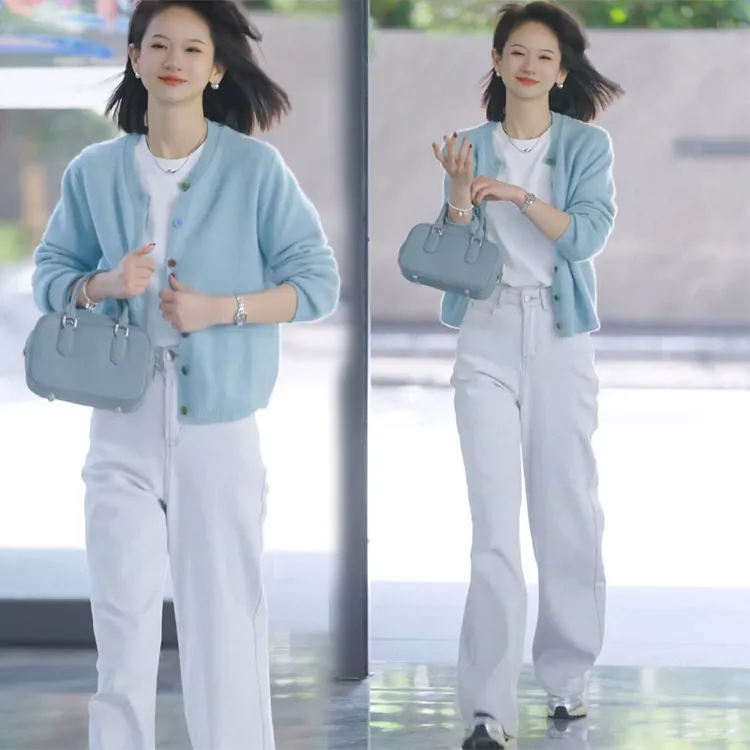 2025早春时尚圆领长袖针织开衫外搭高腰直筒休闲裤减龄两件套装女