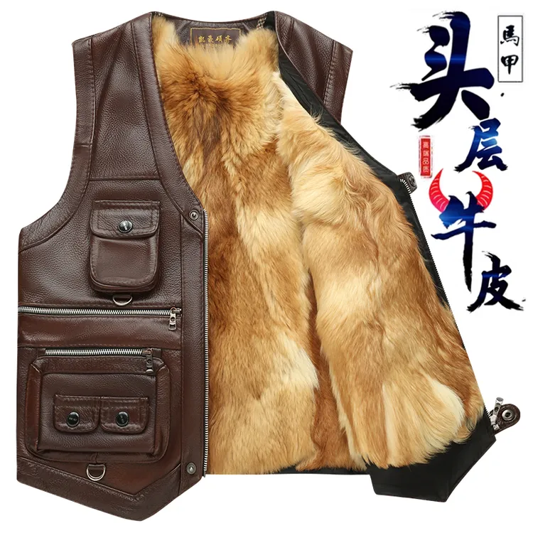 真皮马甲中老年头层牛皮多兜春秋冬休闲户外男士登山背心记者坎肩