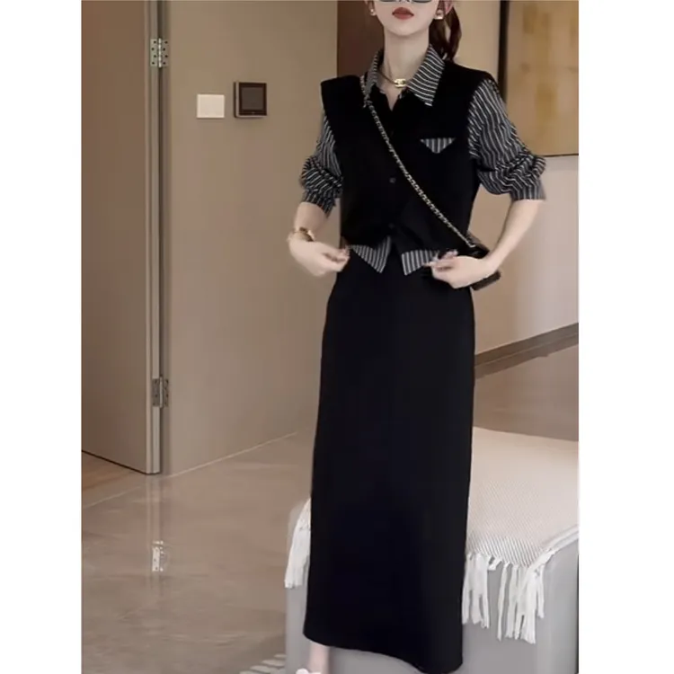 时尚套装裙女2025秋新款显瘦假两件条纹衬衫拼接马甲半身裙两件套