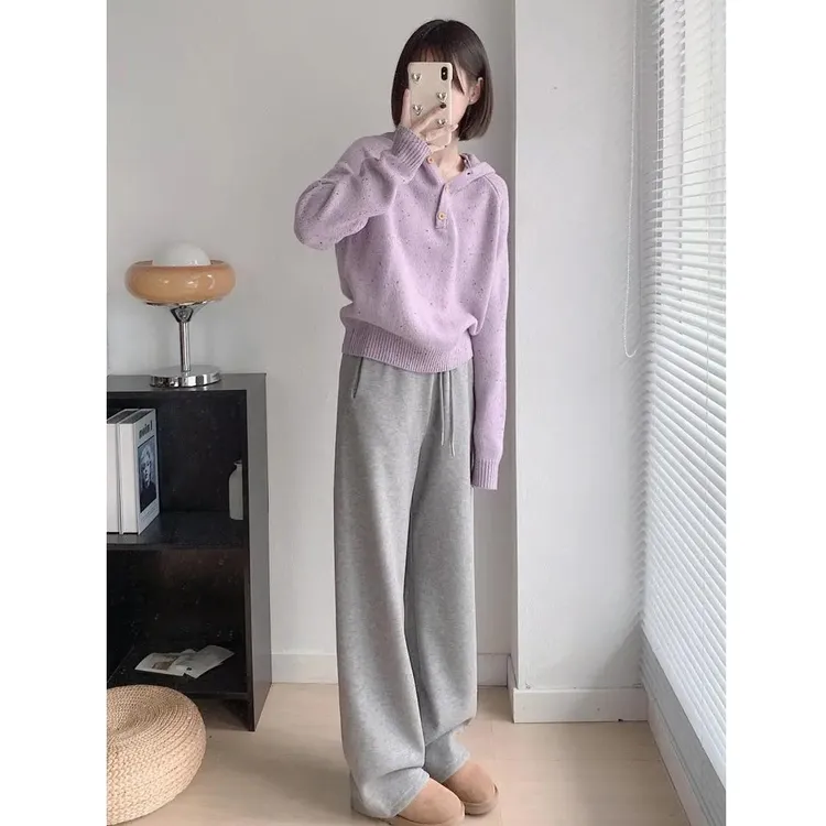 2025秋季新款别致高级感紫色连帽毛衣灰色休闲裤韩系chic套装女