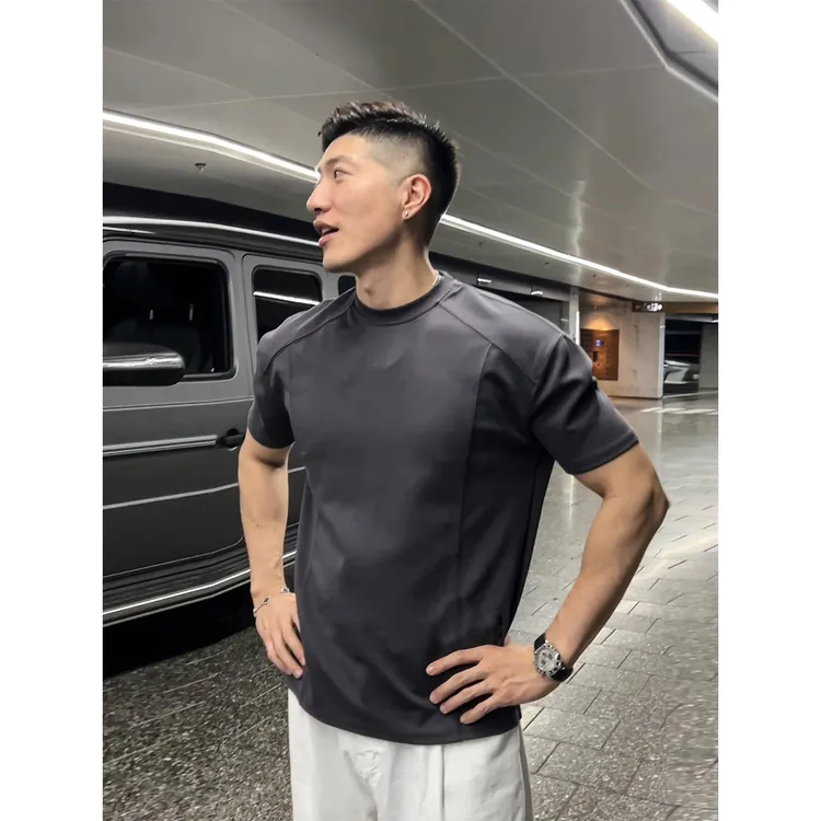 boxy深灰色解构t恤男款夏季双肩线正肩短袖美式重磅空气棉半截袖