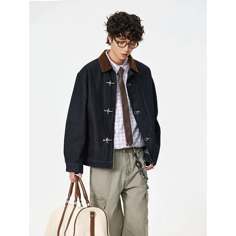 FMQZ STUDIO美式复古翻领工装夹克男潮牌宽松金属飞机扣外套春季