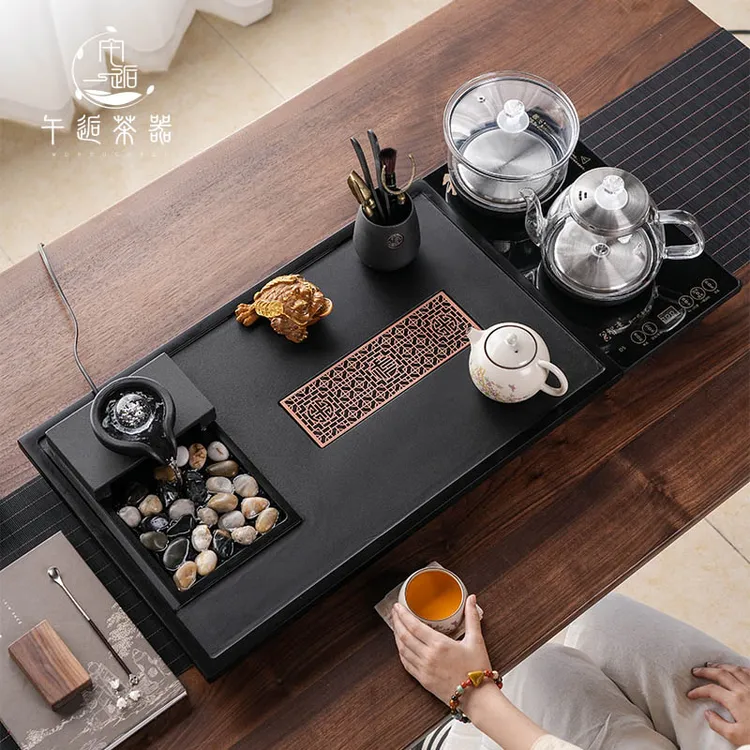 新款天然乌金石茶盘整套家用流水茶海办公泡茶台全自动电磁炉送礼