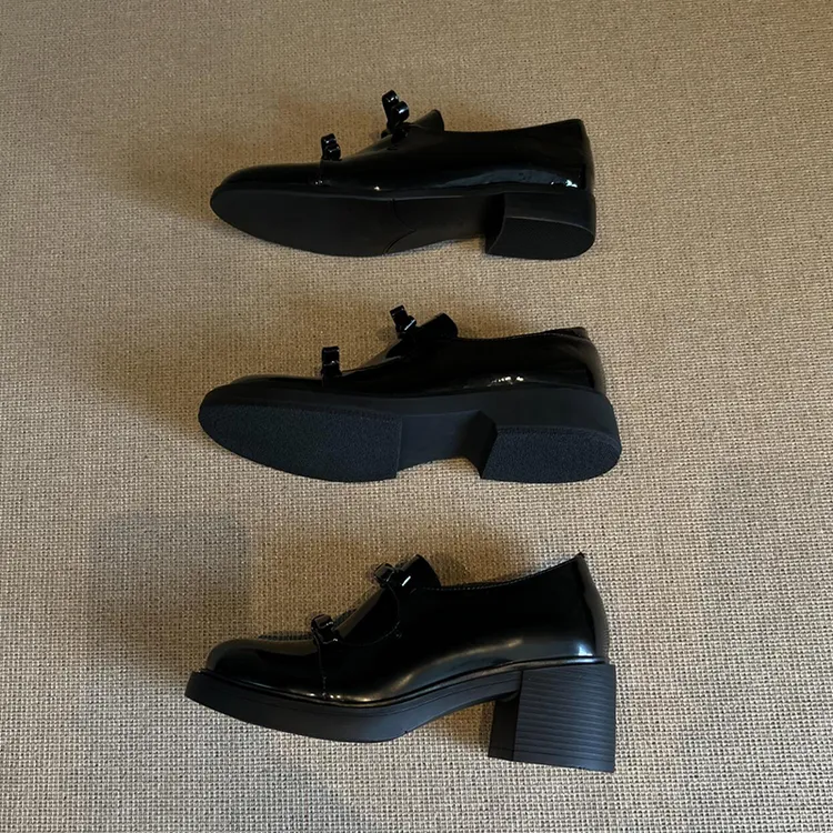 牛皮版！黑色乐福鞋女百搭学院风圆头蝴蝶结一脚蹬粗跟日系小皮鞋