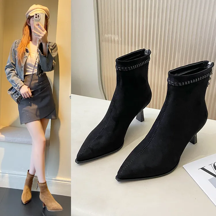 瘦瘦靴平底单靴时尚秋冬尖头女鞋女靴粗跟秋冬