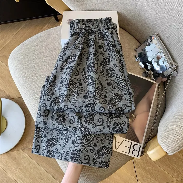 夏季轻薄冰丝凉感高腰休闲裤时尚腰果花透气舒适宽松休闲直筒裤