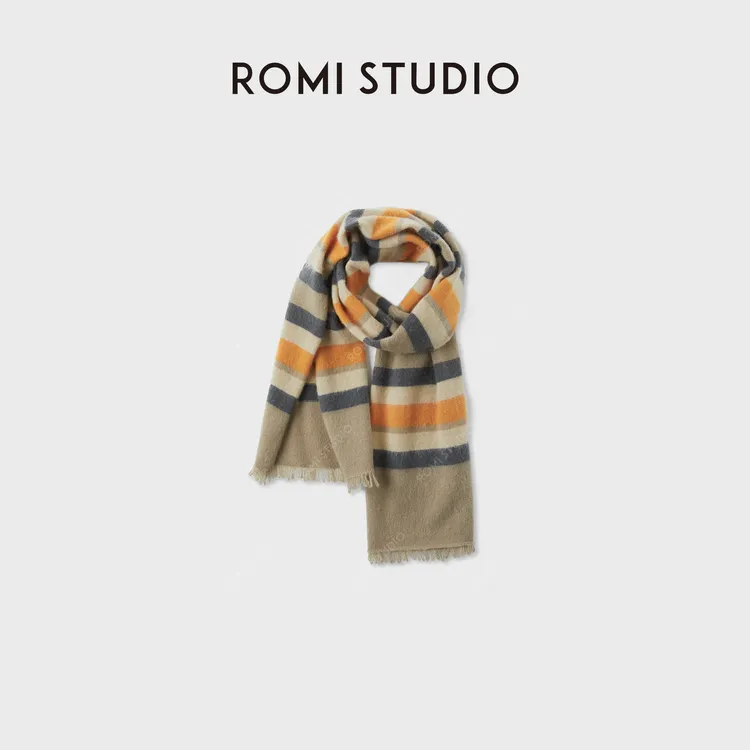 ROMI STUDIO"复古色彩"纯羊毛条纹围巾秋冬氛围感围脖RWCAPZ5669