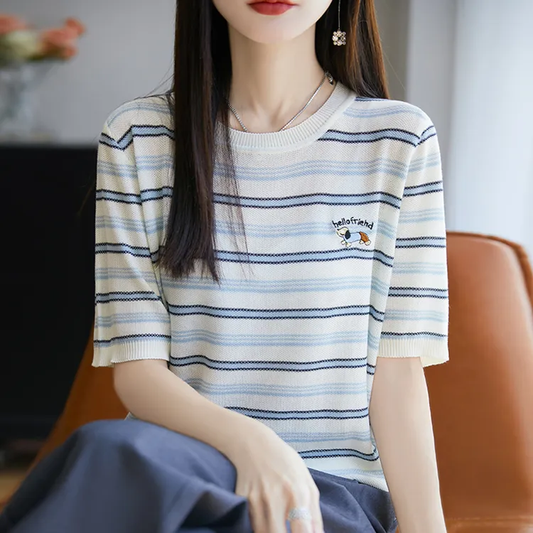 大码女装夏装微胖mm冰丝针织衫女士条纹短袖t恤遮肚子巨显瘦上衣