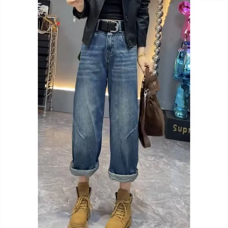 艾塔莉弯刀裤女哈伦牛仔裤女春季新款胖mm老爹裤大码阔腿裤小个子