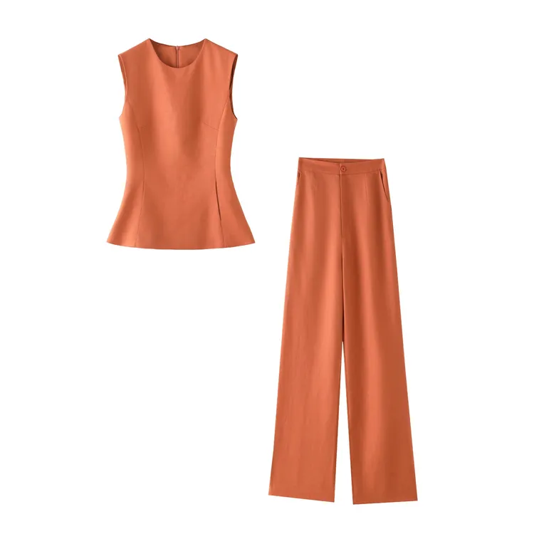 0839夏季新款老钱风穿搭高级感橘色马甲长裤两件套
