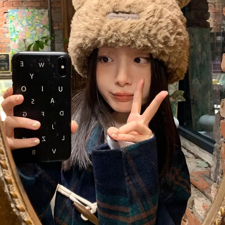 甜美可爱小熊毛绒针织帽子女秋冬季加厚保暖仿皮草套头毛线帽盆帽
