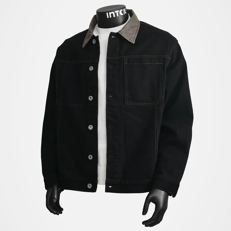 INTOX丨复古黑色牛仔夹克男翻领撞色皮领设计秋季休闲工装外套潮