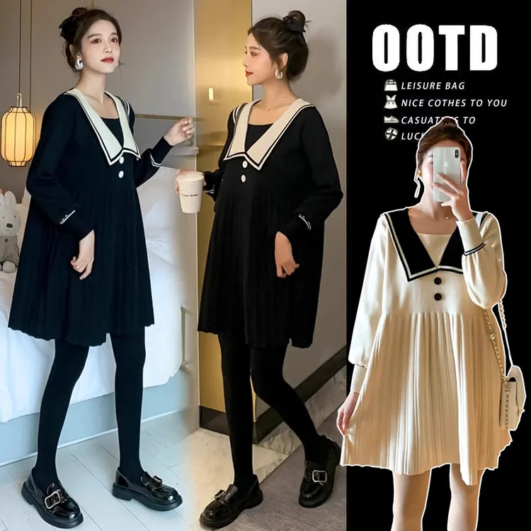 孕妇连衣裙秋装2025新款学院风女宽松翻领长袖针织裙秋冬季孕妇装