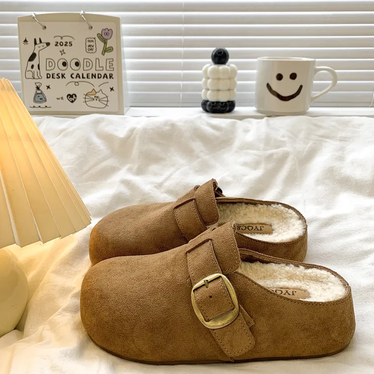 厚底内增高勃肯鞋加绒包头半拖鞋女外穿2025新款秋冬复古毛毛棉拖