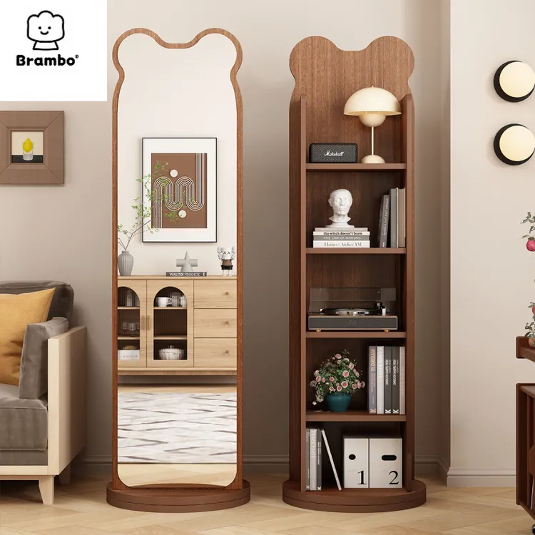 小熊全身镜旋转穿衣镜家用卧室多功能落地镜书架储物一体大试衣镜