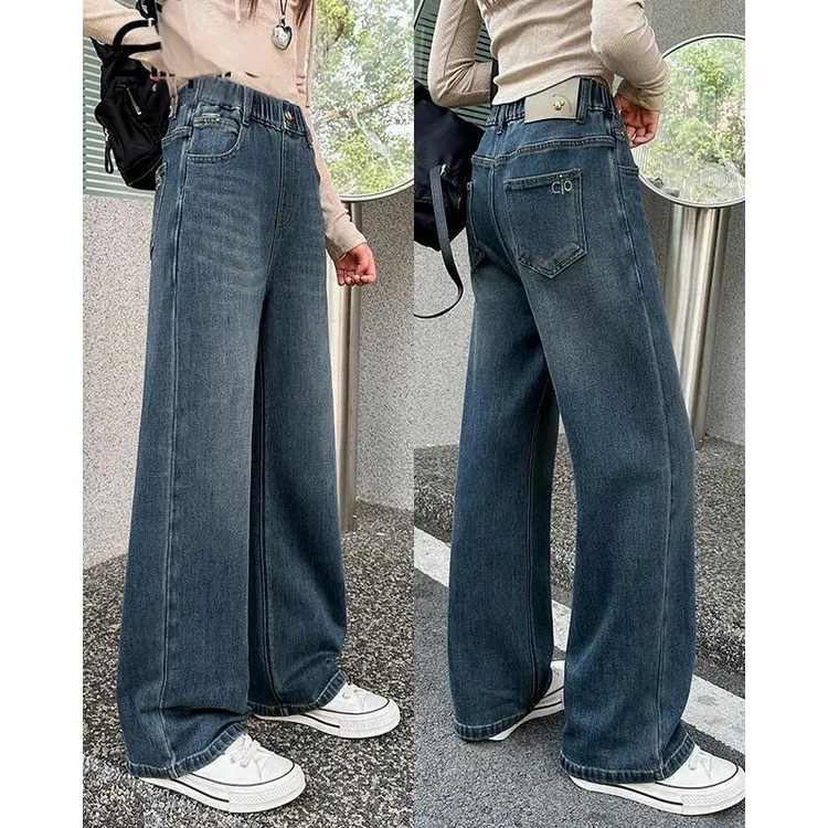 秋季新款女童牛仔裤中大童秋装长裤直筒宽松高腰zb6063简约童品