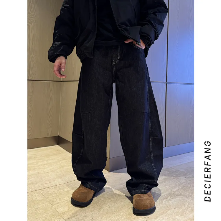 复古丹宁蓝弯刀牛仔裤男女秋季廓形解构休闲百搭高街水洗休闲裤