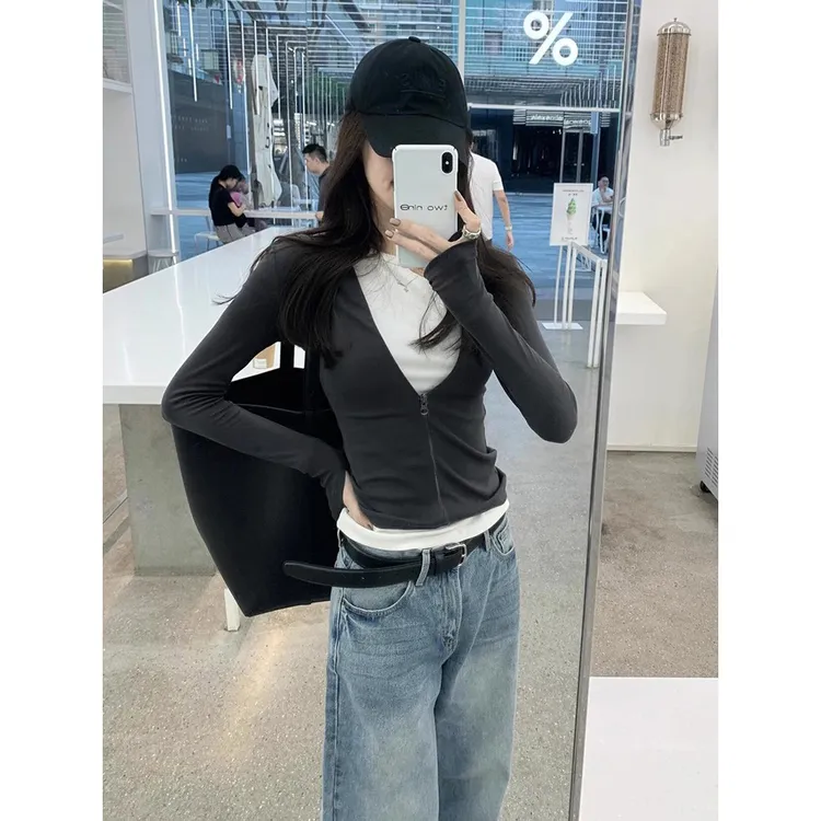 撞色假两件拉链长袖T恤女2025春季ins辣妹修身显瘦内搭上衣打底衫