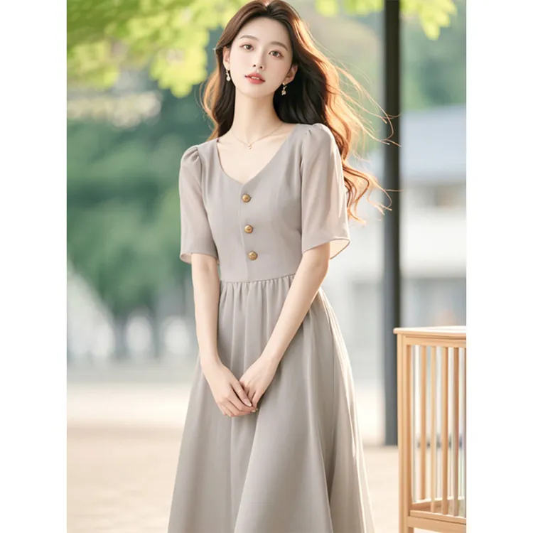新款夏季端庄大气长裙超好看灰色雪纺短袖连衣裙子女简单大方