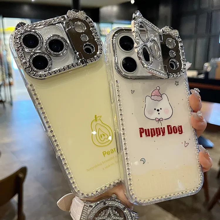 适用苹果系列iPhone新款手机壳帽子小狗猫咪一体支架钻框精孔镜头