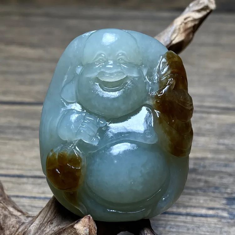 新疆和田玉且末蓝《弥勒佛》吊坠尺寸：48/38.6/19.4mm