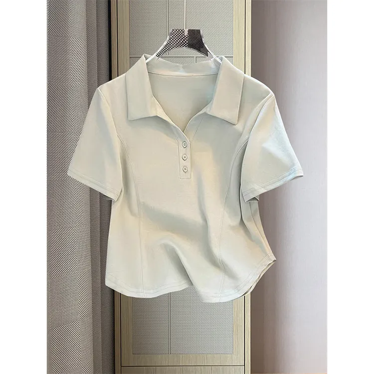大码200斤复古简约风纯色排扣v领Polo衫正肩短袖t恤女显瘦上衣ins