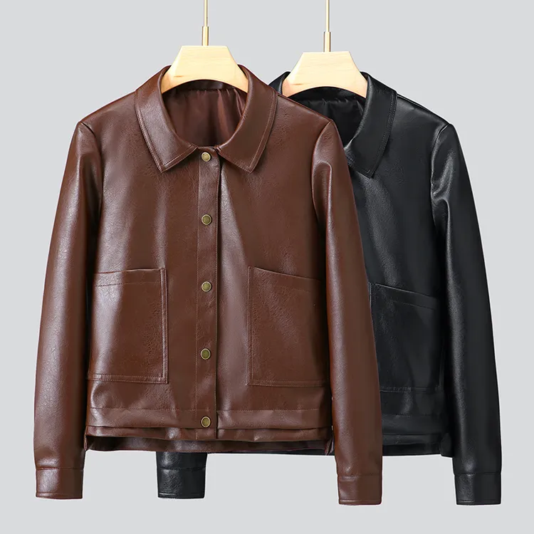 【双十一】2025秋款翻领口袋仿真绵羊皮女士工装小皮衣夹克外套