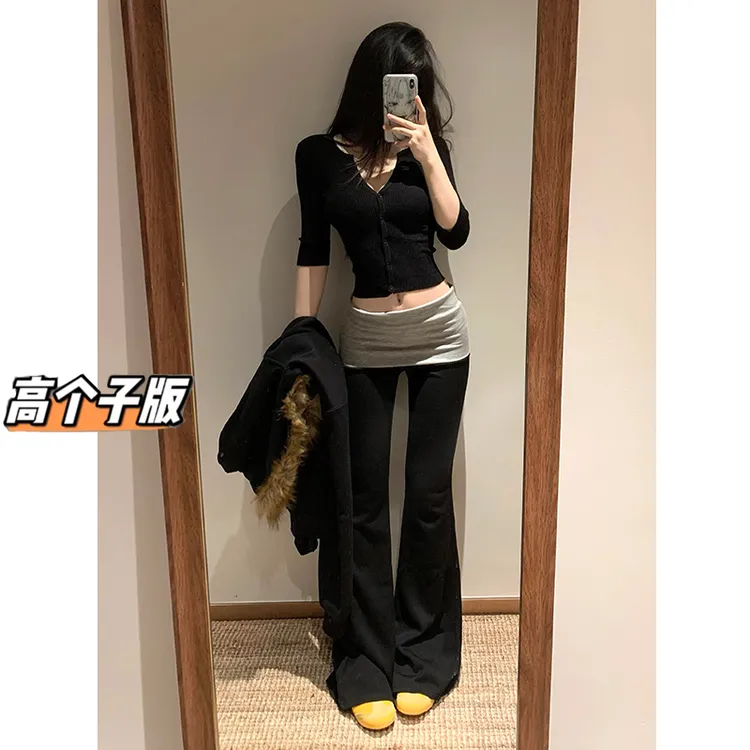 裤长112cm高个子加长低腰拼接喇叭裤女秋季瑜伽运动休闲拖地卫裤