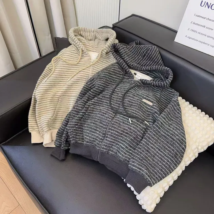 【加绒】儿童拉链格子条纹秋冬连帽常规韩版卫衣百搭男女童中长款