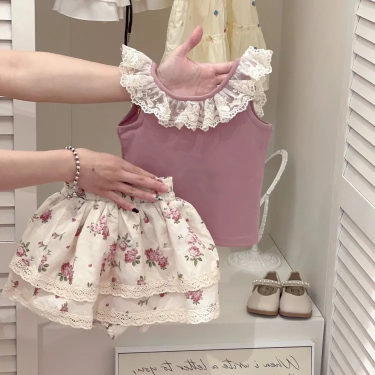 女童套装夏季新款花边背心2025女宝宝可爱碎花花苞裤儿童清爽夏装