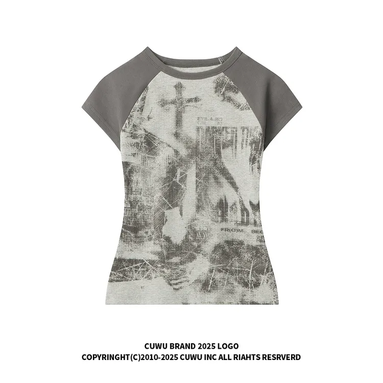 cuwu美式潮牌圆领复古短袖T恤女夏季短款辣妹小个子紧身显瘦上衣