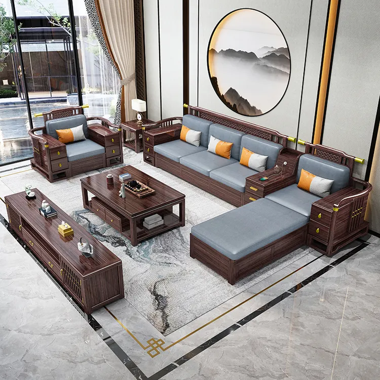新中式乌金木全实木沙发家用客厅小户型高箱储物两用木质轻奢别墅