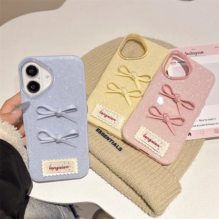 闪粉立体蝴蝶结iPhone14/13适用苹果16/15PROMAX手机壳防摔全包套
