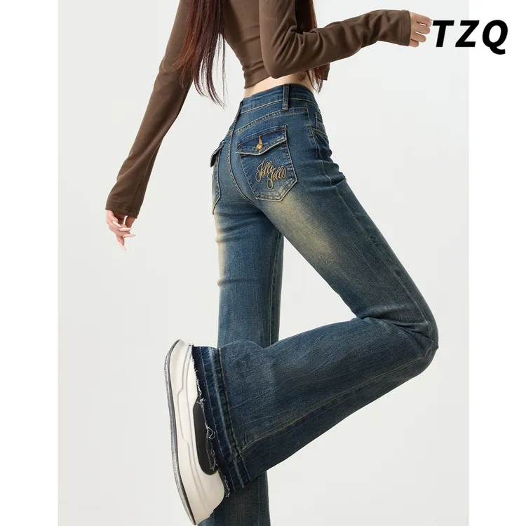 怀旧复古微喇叭牛仔裤女2025秋高腰显高显瘦毛边马蹄裤TZQ2590824