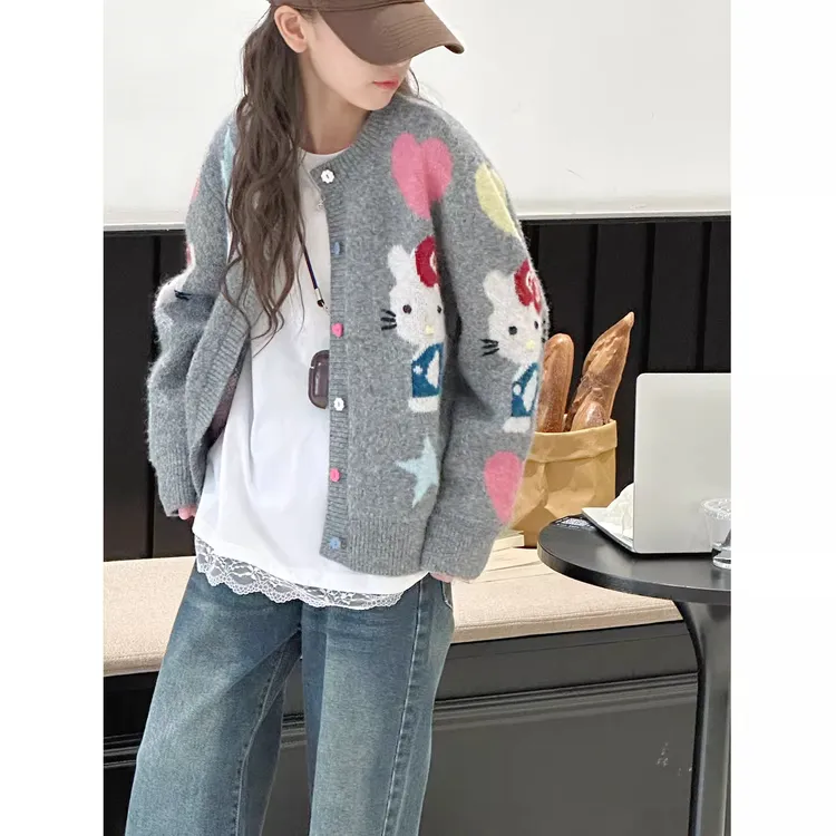 女童开衫外套2025新款儿童针织衫毛衣KT猫上衣卡通时尚秋季网红款