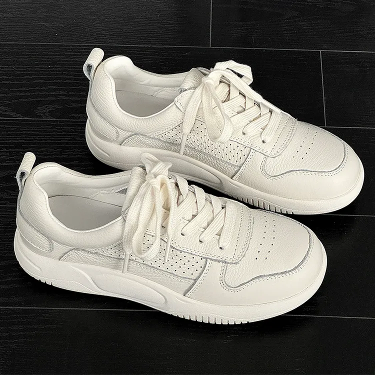 头层牛皮软底小白鞋2025夏季新款系带休闲透气平底耐磨运动板鞋女