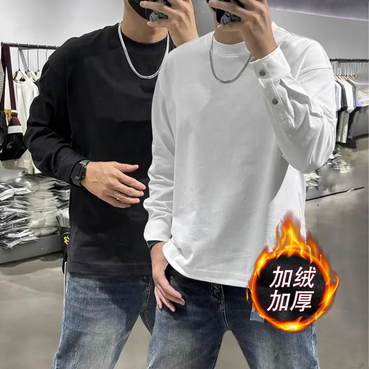 加绒男士卫衣百搭开衩T恤加厚长袖纽扣打底衫秋冬爆款圆领上衣男